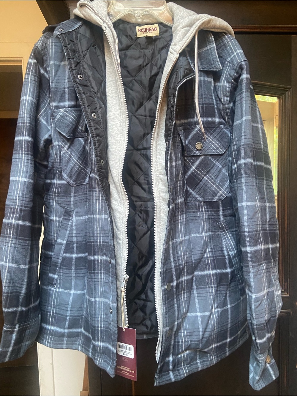 Bass Pro Shops Blue Gray Plaid Quilted Field Jacket with Hooded Liner